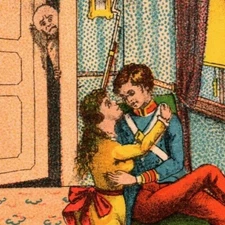 Victorian Trade Card Un-Branded "Shoulder Arms" Soldier Embraces Woman on Chair