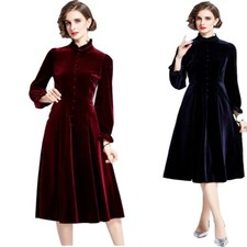 Lady Formal Midi Dresses Velvet Velour Pleated Ruffle Button Zipper Elegant Slim
