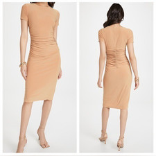 Norma Kamali Revolve Dress Womens Small Warm Taupe Ruched Midi