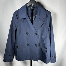 Lands’ End Women’s Double Breasted Raincoat Trench Jacket Navy Blue M 10 12