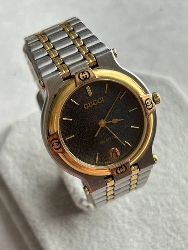Gucci Men Wristwatch 9000M Black Round Silver Gold Quartz Analog No Work 115049 - Picture 1 of 11