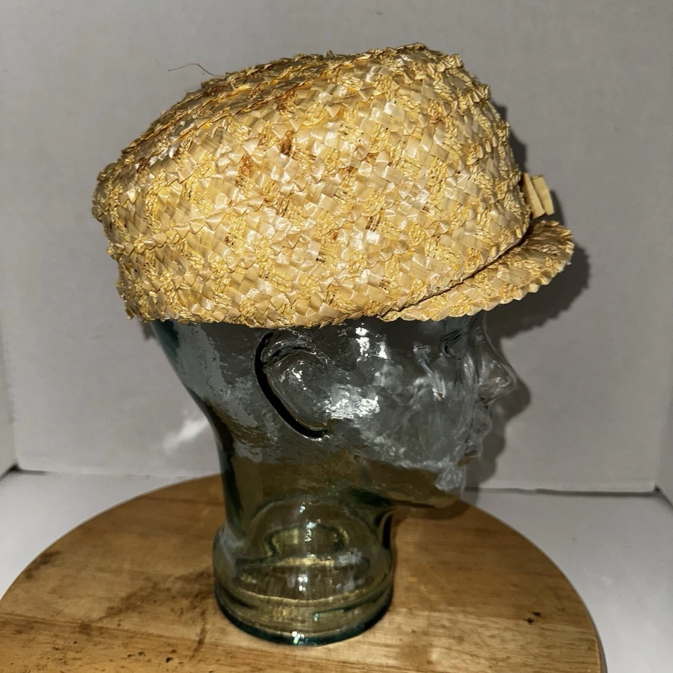 Sombrero pastillero de paja vintage de los años 50 hecho en la Unión con ala corta y lazo gorra amarilla EE. UU. Foto 4 de 4