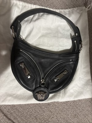 Versace Repeat La Medusa Mini Hobo Shoulder Bag Black Calfskin Leather