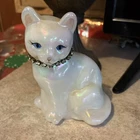VINTAGE FENTON IRIDESCENT WHITE GLASS CAT FIGURINE SIGNED