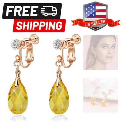 Teardrop Austrian Crystal Drop Clip On Dangle Earrings for Women Non Pierced ...