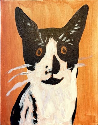 Black and white Cat Abstract Expressionism Canvas Painting Original 14x11  