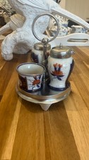 Antique Gaudy Welsh Imari 3 Piece Cruet Set on Plated Stand Salt Pepper Mustard