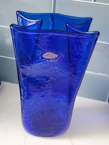 Blenko SIGNED By Richard Blenko Crackle Glass Paper Bag Cobalt Blue Vase 8.5" H