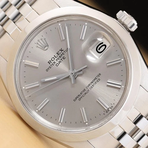 ROLEX OYSTER PERPETUAL DATE 1500 34MM GRAY DIAL STAINLESS STEEL WATCH