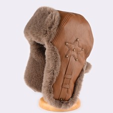 Faux Leather Trapper Hat with Faux Fur Lining Winter Ear Flap Russian Cap Khaki