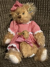 ANNETTE FUNICELLO BEAR CO PLUSH BEAR W/SIGNED PIN RED WHITE GINGHAM DRESS BOW