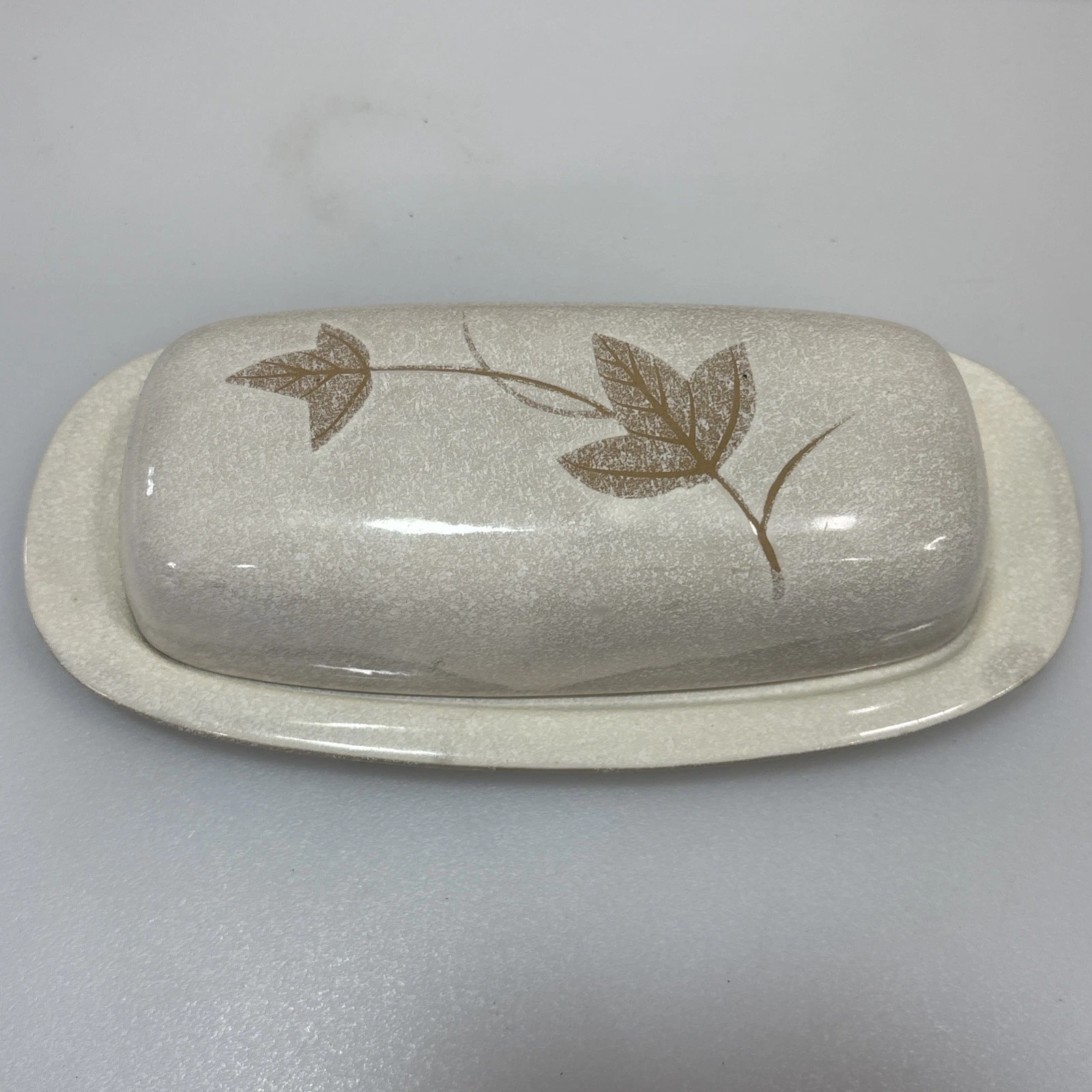Vintage Stoneware Butter Dish w/ Lid Beige Gray Leaf Design Farmhouse
