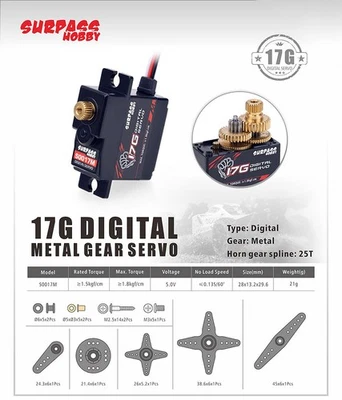 SURPASS Hobby S0017M 17g Metal Gear Digital Servo for 1/18 1/16 RC Car Plane - Image 1 of 4