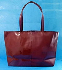 Saks Fifth Avenue Burgundy Faux Patent Leather XL Tote Bag Purse Travel Shopper