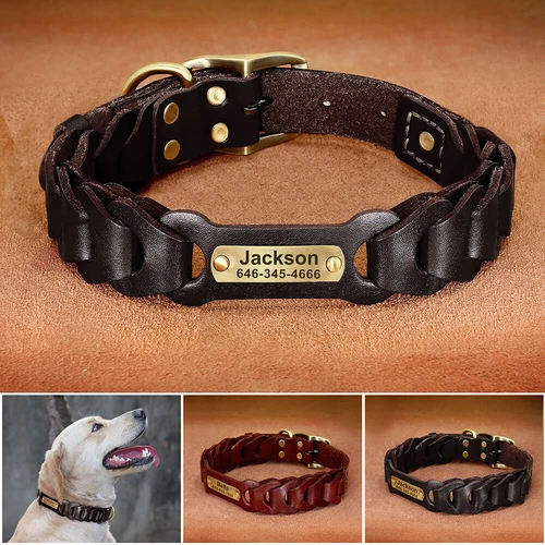 Braided Leather Personalized Dog Collar Soft with Custom Nameplate Heavy Duty