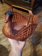 Vintage Hand Made Wicker Rattan Swan Goose Duck Woven Basket Carved Wooden Beak