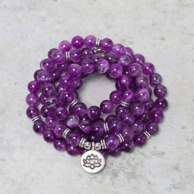 Natural Amethyst Purple Crystal 108 Mala Beads Healing Meditation Yoga Necklace