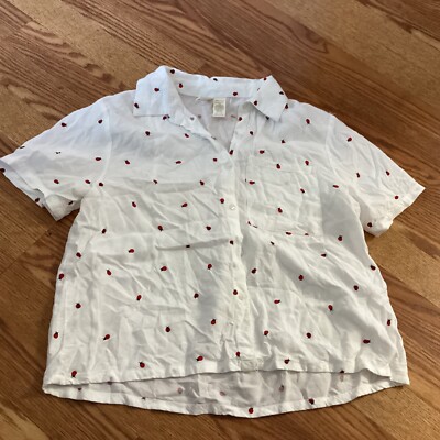 Japna White Lady Bugs Short Sleeve Button Up Shirt  Size S