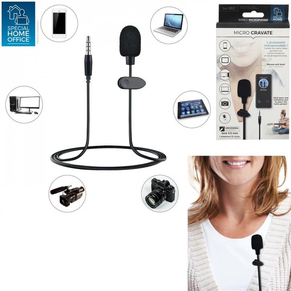 Microphone Filaire Main Libre Micro Cravate Pince  PC Ordinateur Smartphone