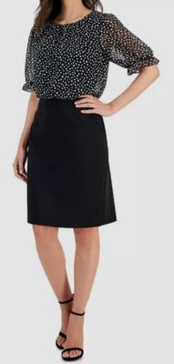 Connected Apparel Women Black Mixed Media Puff Sleeve Sheath Dress Size 14