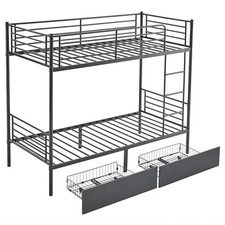 Black Twin Bunk Bed Frame 3Ft Single Loft Sleeper with Two Storage Drawer Ladder