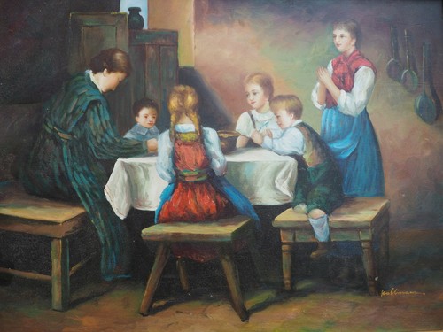 Familienidylle Kinder am Esstisch, Ölgemälde auf Holz, sign. Kollmann - Bild 2 von 6