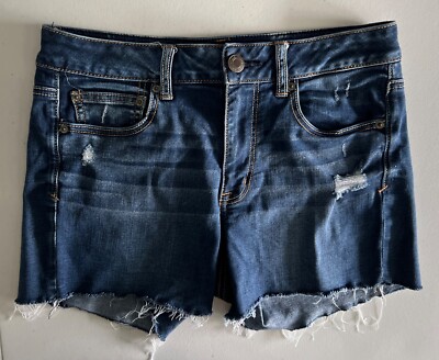 American Eagle Jean Shorts Women’s Sz Stretch Distressed Fringe Mid Rise 