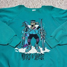 Vintage Skiing Ski Sweatshirt Adult Size XL Where Is The Slopes  Teal USA Made