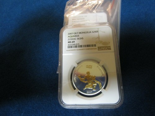 Mongolia 250t Aquarius Zodiac 24kt gold .925 silver 1/2 oz coin 2007 NGC MS69 - Picture 12 of 12