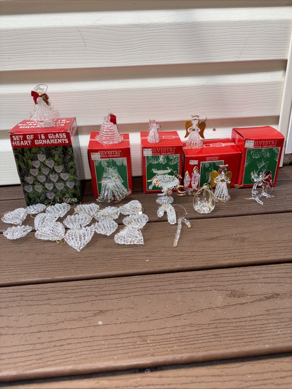 25 Lot Silvestri Clear Crystal Glass Xmas Ornaments:manger,bells,hearts And More
