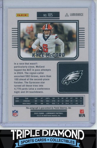 2025 Panini Luminance Kyle McCord Rookie Autograph Auto #105/350 H891 - Picture 2 of 2