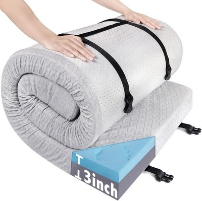 Memory Foam Camping Mattress Pad 3'' Thick Portable Roll Up Sleeping Pad 72''x24''