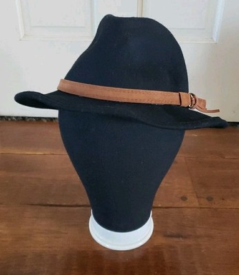 Hat Attack New York Small Brim Black 100% Wool Brown Band Fedora Hat 