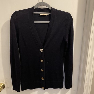 Tory Burch Navy 100% Merino Wool V-Neck Button Up Cardigan Sweater Size XS