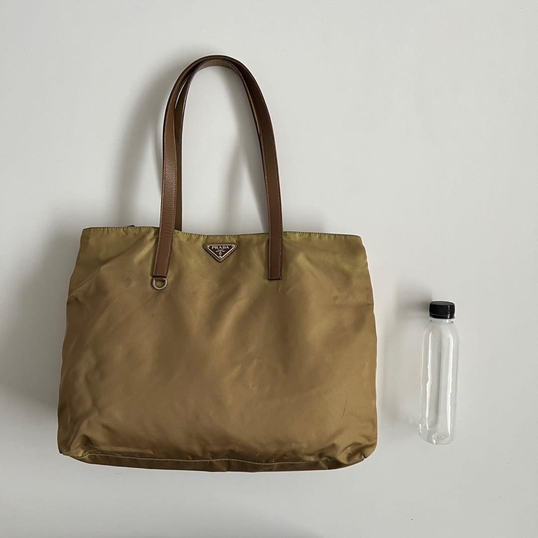 PRADA Tessuto Nylon Beige Shoulder Tote Bag Vintage 90s Leather 