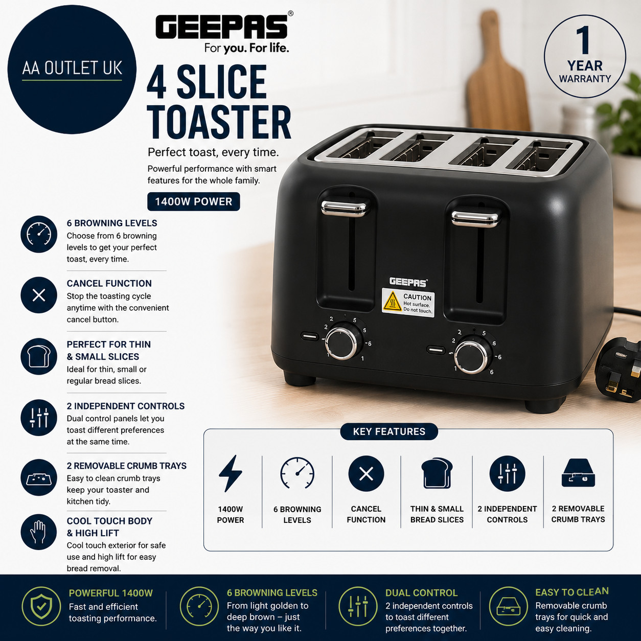 Geepas 4 Slice Toaster 6 Browning Levels With Cancel Function Cool Touch Black