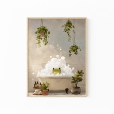 Frog in the Bath Print Whimsical Cottagecore Bathroom Wall Art in Green