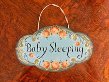 Vintage Baby Sleeping Doorknob Sign for Naptime Handpainted Floral Folk Art