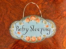 Vintage Baby Sleeping Doorknob Sign for Naptime Handpainted Floral Folk Art