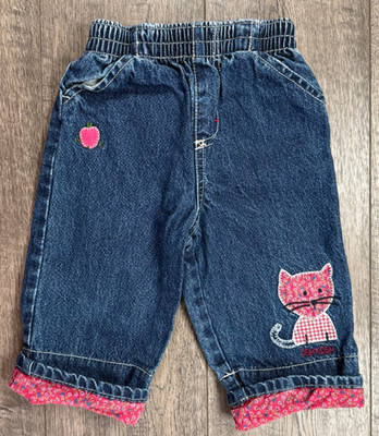 Baby Girl Clothes Vintage Oshkosh 6-9 Month Pink Cat Elastic Waist Jeans