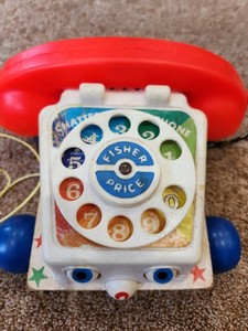 Vintage Fisher Price Chatter Phone #747 Telephone Pull Toy Moving Eyes Wood