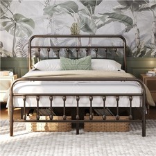 5ft King Vintage Iron Platform Bed with High Headboard & Footboard & Storage 