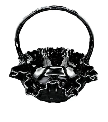 Vintage Glass Basket, Thumbprint Pattern Fenton Deep Black