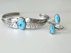Lot 2 Sterling Silver Blue Turquoise Cuff Bracelet And Ring Adjustable Vintage