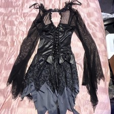 California Costume Witch Dress Black Gray Sheer Sleeves Lace-Up Front