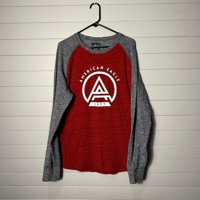American Eagle Mens XL Long Sleeve Raglan Baseball Graphic Tee Red Gray 1977 Log