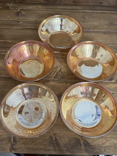 Set Of 5 Jeanette Carnival Glass Marigold Iris Iridescent Small Glass Bowls