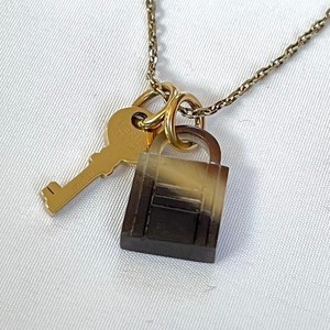 Authentic HERMES Amulette Padlock PM Necklace Gold Plated Buffalo Horn Pendant Jewelry