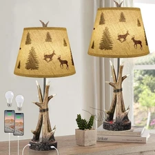 2-Pack Farmhouse Deer Antler Table Lamps 3-Way Dimmable Touch USB Ports