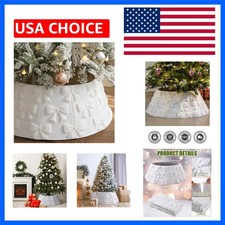 Faux Fur Christmas Tree Collar 24" Foldable White Christmas Tree Ring with Bo...